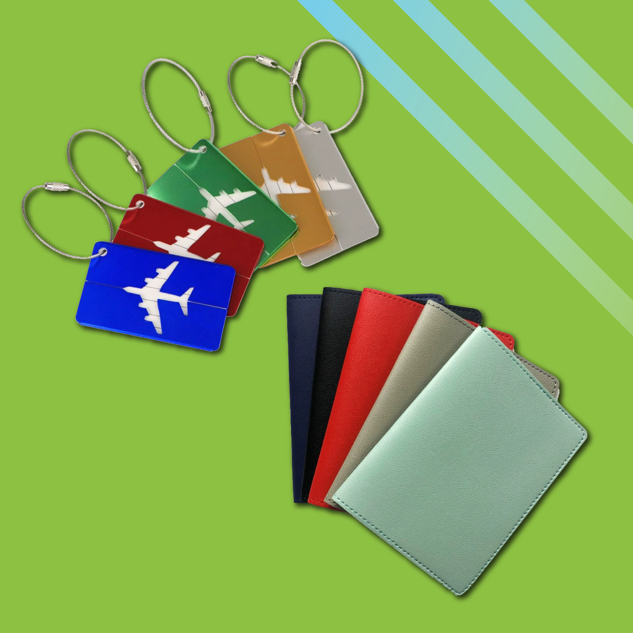 Illustration depicting a luggage tag and passport holder as great corporate gift ideas in Malaysia. 